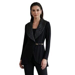 Joseph Ribkoff Black Long-Sleeve Jacket Faux Leather Woven Collar Unique Size 10